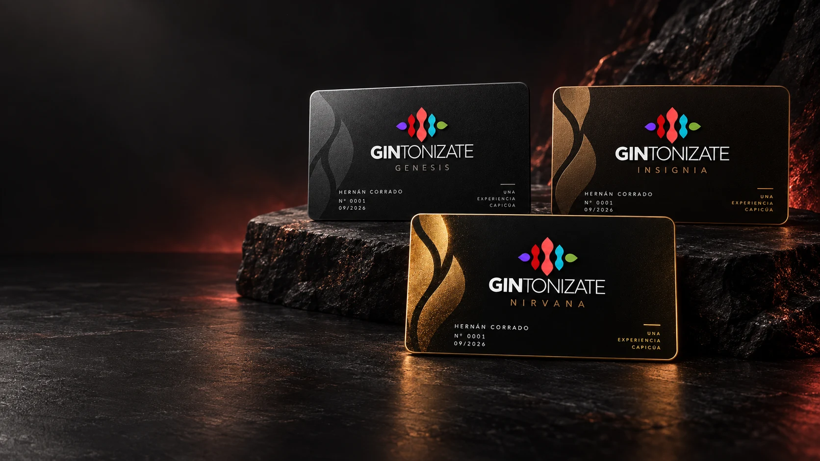 Tarjetas de membresía Gintonizate Genesis, Insignia y Nirvana integradas en una escena oscura