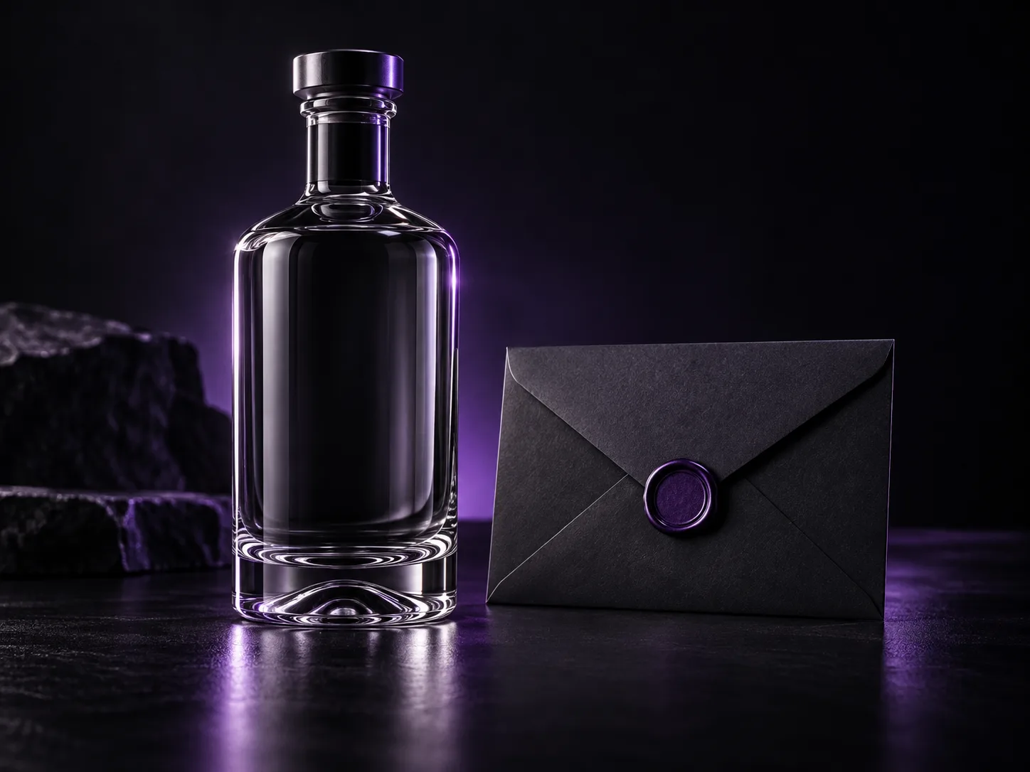 Botella de gin y sobre sellado para una invitación privada