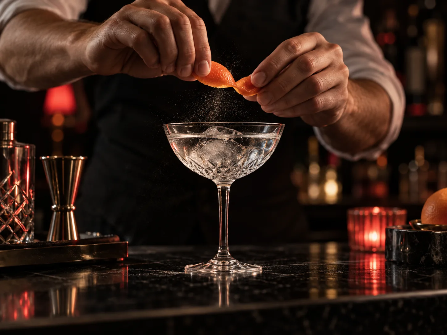 Barman preparando un gin con cítricos en una barra oscura